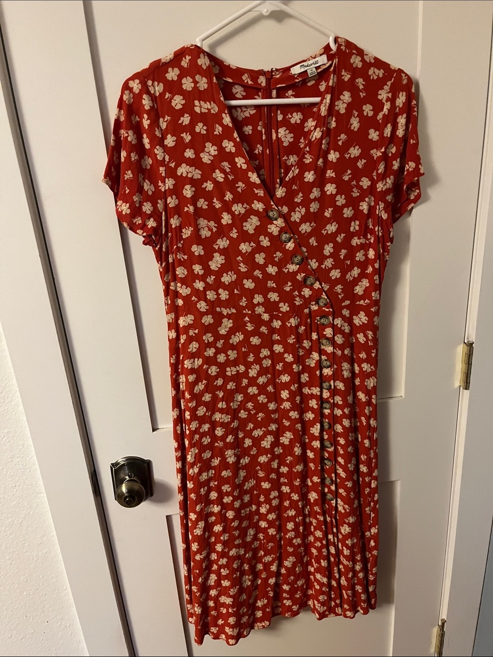 Madewell Rust Floral faux Wrap Midi Dress with Cream Blossoms